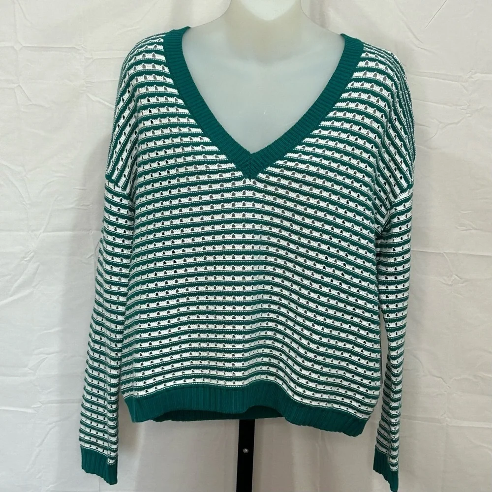Stitches & Stripes Green and White V-Neck Sweater Size S-M NWT